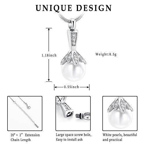 Memorial Jewelry Pearl Urn Necklace - Cremation Ashes Holder Keepsake for Women Silver