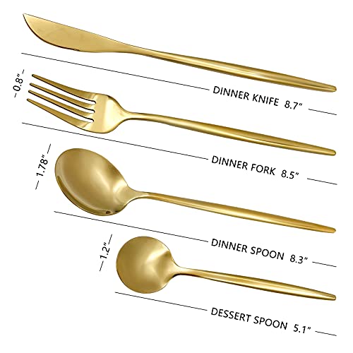 Gold stainless steel 24-piece flatware set including knives, forks, and spoons for six, ideal for home dinnerware and table setting.