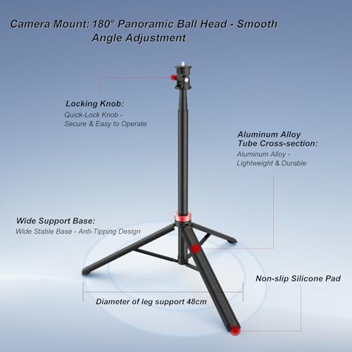NWV 6-Section Extendable Tripod Stand with 1/4" Screw, Aluminum Alloy Camera Tripod with 180° Rotation, Foldable Phone Tripod for Live Stream, Vlogging, Photography, Max Height 210cm