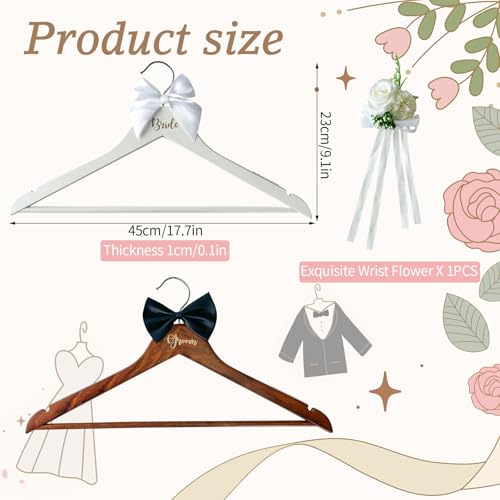 Groom Bride Hanger for Wedding Dress or Suit - 2 Pack Wedding Hangers Gifts Accessories - Bridal Hanger with Bow Tie & Exquisite Wrist Flower for Bridal Party White/Black