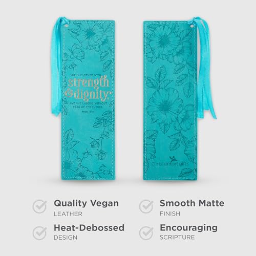 Christian Art Gifts Faux Leather Scripture Bookmark: Strength and Dignity Teal - Strength/Dignity