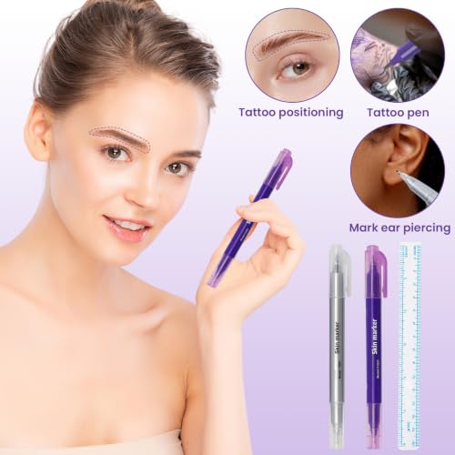 Pack of 9 Tattoo Pens, Skin Marker Pen with 9 Rulers, Waterproof, Double-Sided Tattoo Pen, Tattoo Piercing Positioning Pen for Skin, Eyebrows and Lips (Purple)