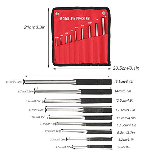 9Pcs Roll Pin Starter Punch Set for Gunsmithing, 40CR Metal Steel Roll Pin Punch Set for Automotive Gunsmithing Watch Jewelry & Craft Repair, Mechanics Professional Tool Kit