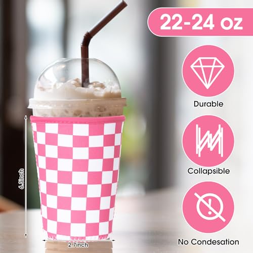 Irenare 20 Pcs Checkerboard Reusable Iced Coffee Sleeve Neoprene Insulator Cup Sleeve for Cold Beverages Cups Neoprene Holder for Cold and Hot Drinks Fits Coffee Cups 22-24oz, Medium Checkered