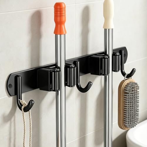 Pack of 2 Broom Holder Wall Self-Adhesive Stainless Steel (Black) - For Mop, Scrubber & Hand Brush - Adhesive or Screw Attachment - 2 Clips + 3 Hooks - Storage for Home, Garage 2 clips, 3 hooks (2 pieces) Black