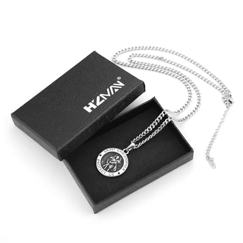 HZMAN Saint Christopher Necklace for Men Women Stainless Steel Round Retro Religious Medal Amulet Pendant Jewelry Gift