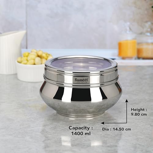 Sumeet Stainless Steel Handi Shape Big Size Canisters/Dabba/Storage Containers Set for kitchen with Transparent See Through Lid, 14.5cm Dia, 1400ml, Pack of 1, Silver, CTHDPD2-1PC 1400ml, 1 pcs