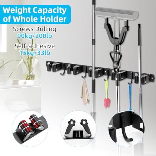 Pack of 2 broom holder, wall, garden tool holder, made of stainless steel | 10 Holders + 8 Hooks Heavy Duty Device Holder Self-Adhesive Broom Mop Holder Wall Mount for Kitchen Bathroom Garage Garden