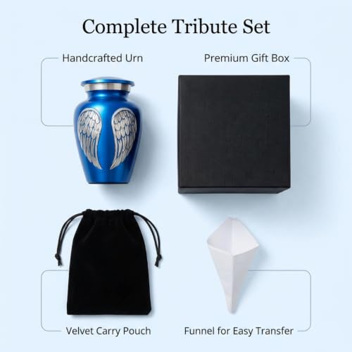 Small Urns for Human Ashes - Handheld Funeral Keepsake & Token Urn for Sharing Portions of Ashes - Blue Memorial Angel Wings Design to Honor a Loved One Small