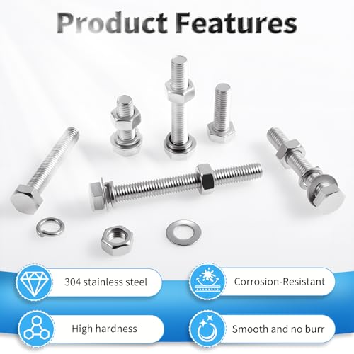 FOCMKEAS M10-1.5×50 full-thread hex bolts with nuts and washers, 12-piece set