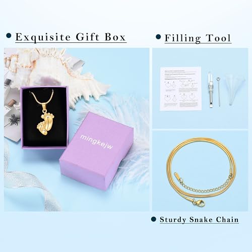 Footprint Urn Necklace for Ashes Cremation Jewelry for Women Men Stainless Steel Baby Foot Memorial Necklaces Keepsake Jewelry for Human Pet Ash Holder with Filler Tool Gold