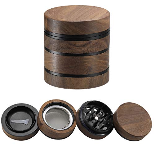 DCOU Premium Large Wooden Spice Grinder Pollen Collector with Magnetic Lid and Pollen Catcher 4 Piece 2.5 inches (Black) Black