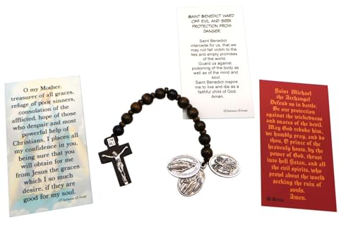 Westmon Works Catholic Rosary Chaplet Set Wooden Prayer Beads Metal Charms of Saint Michael St Benedict and Our Lady of Grace with Three Holy Cards Pack