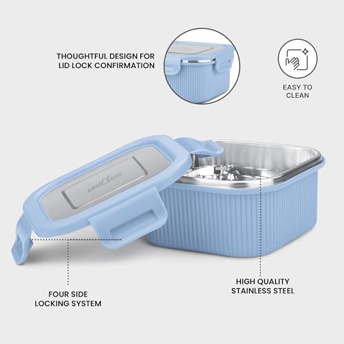 MILTON Cool Touch Square 800 Stainless Steel Container, 780 ml, Blue, Microwave Safe, Food Grade, BPA Free, Refrigerator Safe