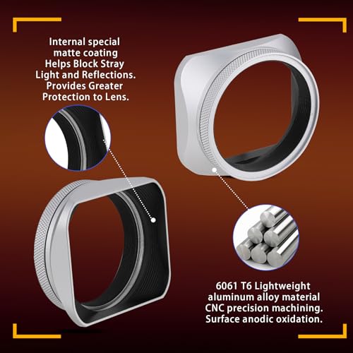 Haoge LH-X200S Square Metal Lens Hood with 49mm Adapter Ring Metal Cap for Fujifilm X100VI x-100vi x100v x100f x100t x100s Fuji Photo Camera Accessories Silver