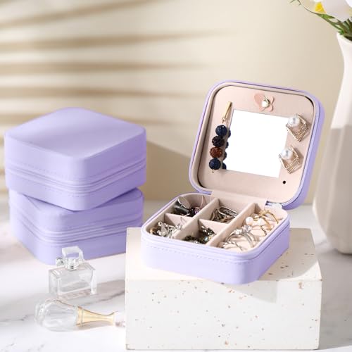 Hillban Bridesmaid Gifts Jewelry Box with Mirror, PU Leather Small Travel Jewelry Case Organizer Storage for Women Girls Light Purple 6