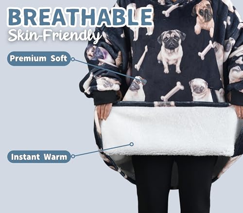 Huglanket Pug Gifts Wearable Blanket Hoodie, Oversized Wearing Blanket for Pug Lovers - Watercolor