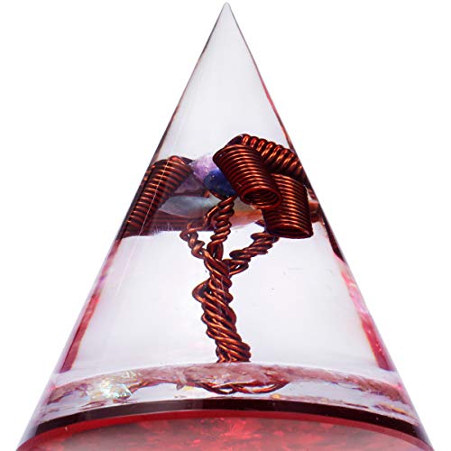 mookaitedecor Red Conical Stone Pyramid with Copper Tree of Life Coils