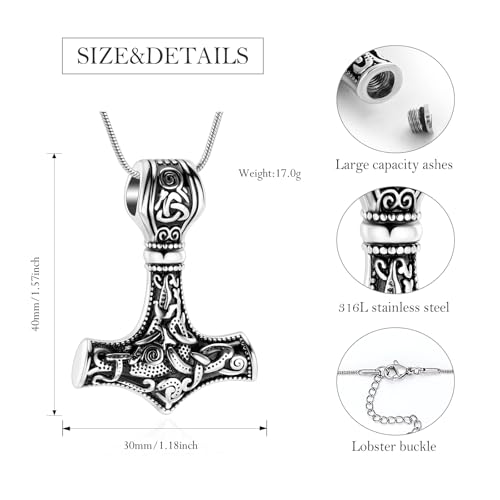 Thor Hammer Urn Necklace for Ashes Viking Cremation Jewelry for Women Men Stainless Steels Memorial Necklaces Ash Holder for Human Pets Keepsake Jewelry for Loved Ones with Fill Tool 2pc Silver/Black