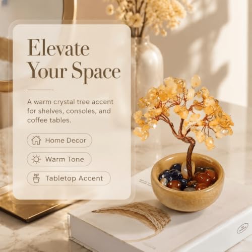 Citrine Crystal Tree of Life, Handmade Mini Crystal Tree with Crackle Ceramic Bowl & Mixed Chakra Stones, 3.93×2.36in Healing Crystal Desk Ornament, Lucky Feng Shui Calming Decor Gift for Home Office Citrine