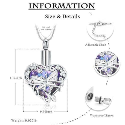 zeqingjw Butterfly Urn Necklaces for Ashes Urn Jewelry for Human Pet Ashes for Women Heart Cremation Necklace for Ashes Silver-Purple