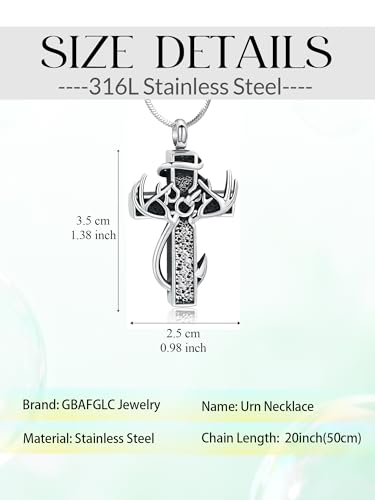 Cross Urn Necklace for Ashes Deer Antler Hook Cremation Jewelry Fishhook Memorial Keepsake Urn Pendant Ashes Holder for Women Men Silver