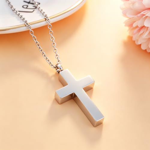 In Loving Memory Engraved Cross Cremation Necklace - Stainless Steel Memorial Urn Pendant for Ashes, Faith-Based Keepsake Jewelry for Loved Ones Silver