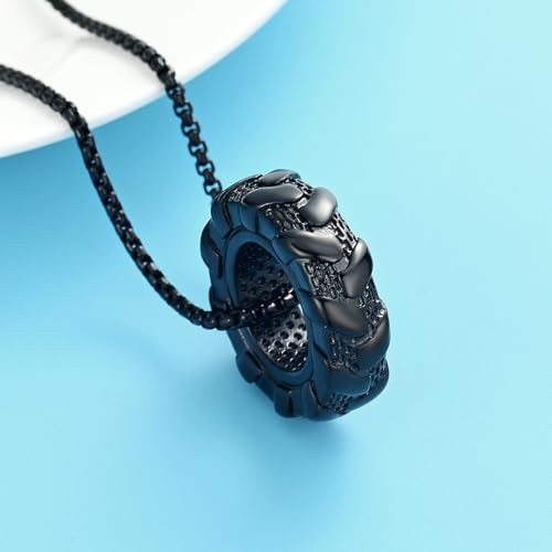 Oinsi Wheel Tire Urn Necklace for Ashes Cremation Jewelry for Women Men Auto Parts Pendant Stainless Steel Memorial Necklaces Keepsake Jewelry of Loved One Black