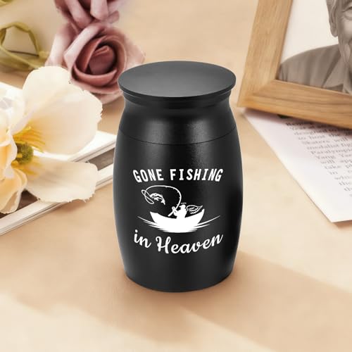 Abooxiu Small Urns for Human Ashes Keepsake 2.76 Inches Mini Urns for Ashes Memorial Small Cremation Keepsake Urn Mini Funeral Burial Decorative Urn for Adult Males Females - Gone Fishing in Heaven Non-customized