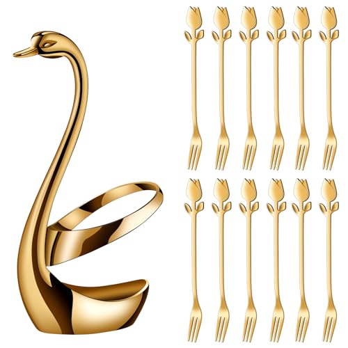 Gold Dessert Fork Set of 12 with Swan Base Holder, 6 Inch Gold Swan set