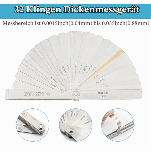 32 Blades Feeler Gauge 0.04-0.88mm Stainless Steel Feeler Gauge Valve Game | 0.04-0.88mm (0.0015-0.035"), Imperial and Metric Feeler Gauge Tool for Measuring Gap Guitars, Spark Plugs