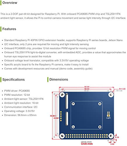Waveshare 2-DOF Pan-Tilt HAT, Compatible with Raspberry Pi Series Motherboards/Jetson Nano