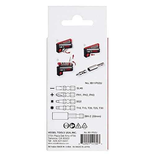 VESSEL e-ASSIST electric screwdriver with 11-piece bit set, US model, shown with higher-speed tool and accessories