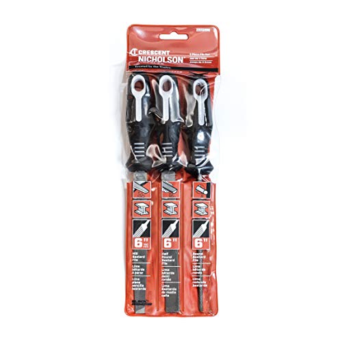 Nicholson 3-piece 6-inch bastard file set with ergonomic handles, assorted metal files displayed.