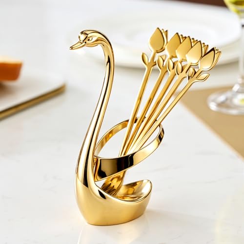 Gold Dessert Fork Set of 12 with Swan Base Holder, 6 Inch Gold Swan set