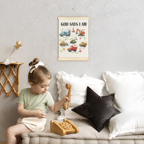 ATBWGT Christian Construction Wall Art Decor, Construction Room Decor for Boys, God Says I Am Bible Verses Poster Hanger Frame for Boys Bedroom Room Nursery Playroom, 12x16 Inch