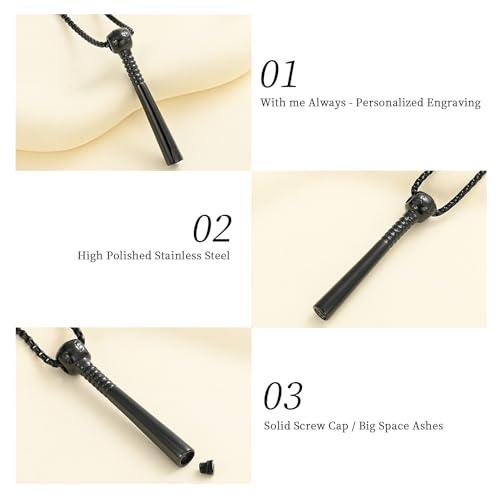 Oinsi Urn Necklace for Ashes Sport Keepsake Jewelry for Women Men Baseball Bat Cremation Urn Necklace Memorial Pendant with Filling Kits Black