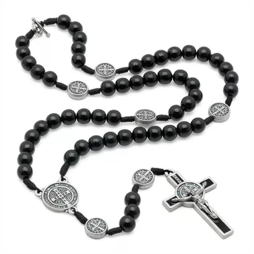 Rosary Black Beads Necklace Saint Benedict Catholic Rosary BeadsMetal Crucifix Cross Christian Gifts with Gift Velvet Bag 01-8mm Black Hematite Rosary