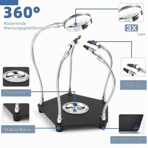 Third Hand Soldering with 3 x Magnifying Glass Soldering Aid Magnetic Helping Hand Soldering Circuit Board Holder Tool Model Making Accessories Four Arms Helping Hands for Soldering and Crafts Workshop Helping Station A