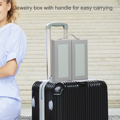 DesignSter Jewelry Box for Women, Jewelry Storage with Mirror, Travel Jewelry Organizer with Handle for Stud Earrings, Rings, Necklaces, Bracelets(Gray & Tea Green) Gray & Tea Green