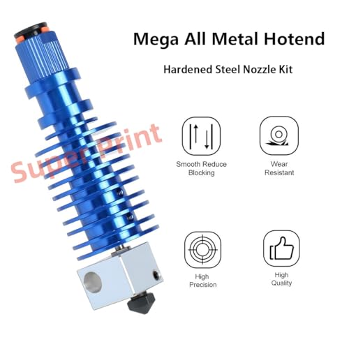 Super Print Upgrade I3 Mega All Metal Hotend Kit,Bi-Metal Heatbreak,Heater Block Aluminum,V6 Hardened Steel Nozzle 0.4mm for I3 Mega,Mega X,Mega S,Mega Pro,Chiron,V5 Print Head Hotend. I3 Mega Hotend Mega-Hardened Steel Kit