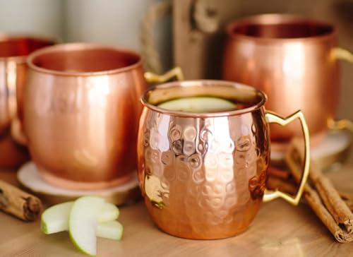 BOLD & DIVINE Moscow Mule Copper Mugs - Set of 4-100% HANDCRAFTED - Food Safe Pure Solid Copper Mugs with Gold & Brass Handle - 16 oz Christmas Gift Set | Perfect for Bars, Parties & Gifts