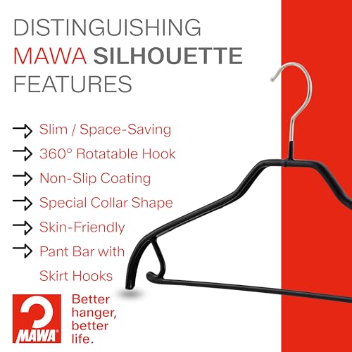 MAWA by Reston Lloyd Silhouette Series Non-Slip Space Saving Clothes Hanger with Bar & Hook for Pants and Skirts, Style 41/FRS, Set of 5, Black
