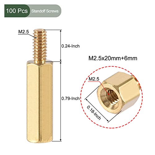 YOKIVE brass hex PCB standoff screws, 20mm+6mm M2.5 spacers in gold tone, 100-piece set