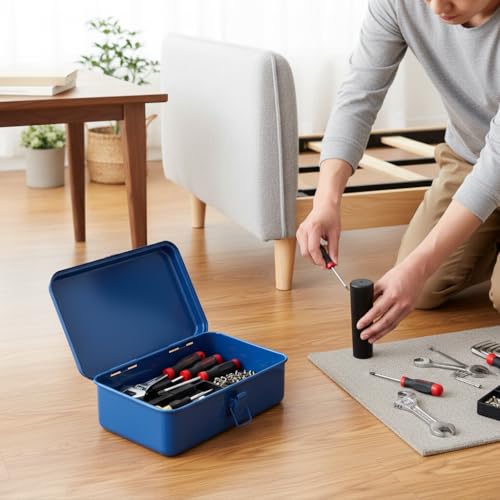 Housoutil blue portable metal tool box with hand-carry handle and compartments for repair tools and hardware