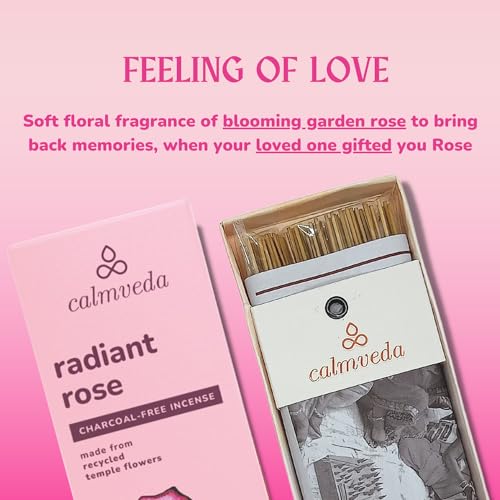 CALMVEDA, Radiant Rose Incense with Rosewood Incense Holder (80 Sticks +1 Holder) | Beautiful Natural Incense and Holder Combo for Home Decor and Spiritual Practice