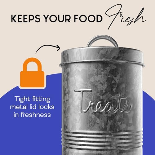Amici Pet, Retro Treats Galvanized Relief Lettering Metal Storage Canister, Food Safe, Push Top, 72 Ounces (Pack of 2) Large/72 oz (Pack of 2)