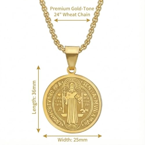 Saint Benedict Medal Necklace for Men Women，Stainless Steel Double Sided Catholic Protection Pendant, St Benedict Medallion Exorcism Amulet for Faith Blessing, 24" Adjustable Chain Gold