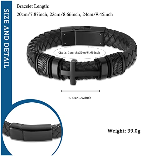 constantlife Cross Cremation Bracelet for Ashes Stainless Steel Urn Memorial Jewelry Braided Leather Wristband Bangle Faith Religious Christian Keepsake for Men Women Black 22cm