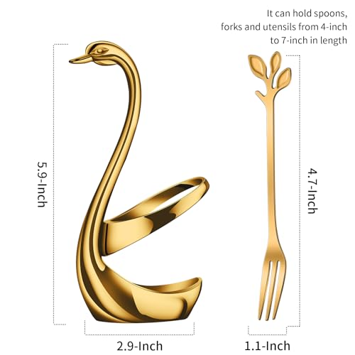 AnSaw Gold Swan Base Holder Set with 10-pcs Mini Leaf Dessert Forks-4.7"